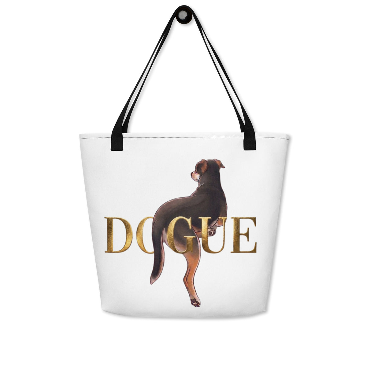 White 'dogue' large tote bag with black handles on a hook, dog posing over gold DOGUE lettering, cozy bluesky