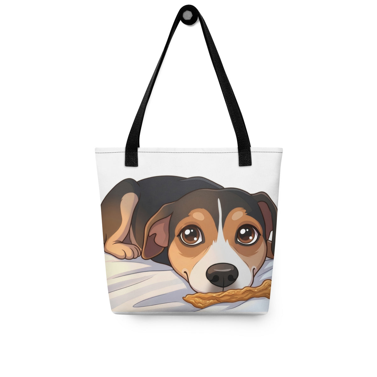 White 'blanket burrito pup' tote bag with black handles on a hook, dog resting on a blanket with a treat, cozy bluesky