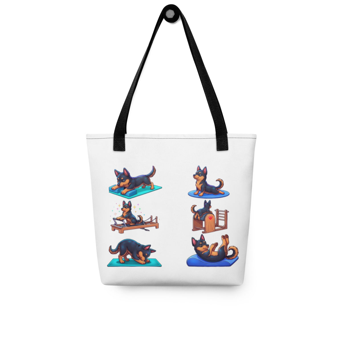 White 'pilates pups' tote bag with black handles on a hook, dogs doing pilates on different equipment, cozy bluesky