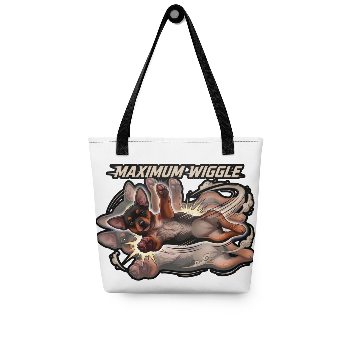 White 'max wiggle' tote bag with black handles on a hook, dog wiggling and moving around with tons of energy, cozy bluesky