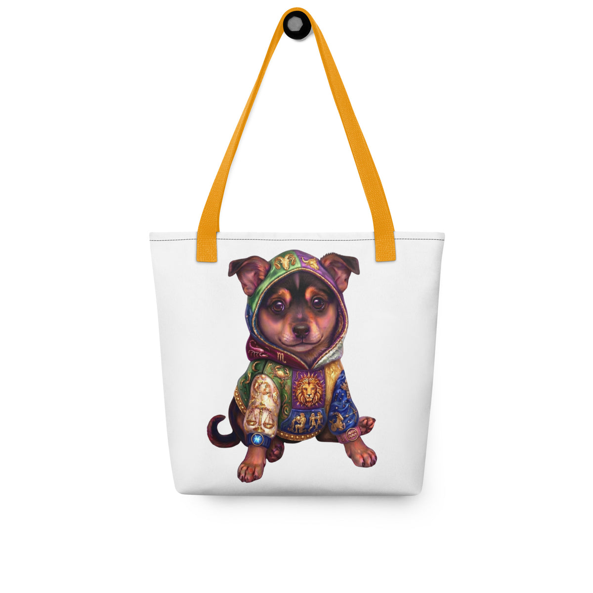 White 'zodiac puppy' tote bag with yellow handles on a hook, puppy in a jacket with the 12 zodiac signs, cozy bluesky