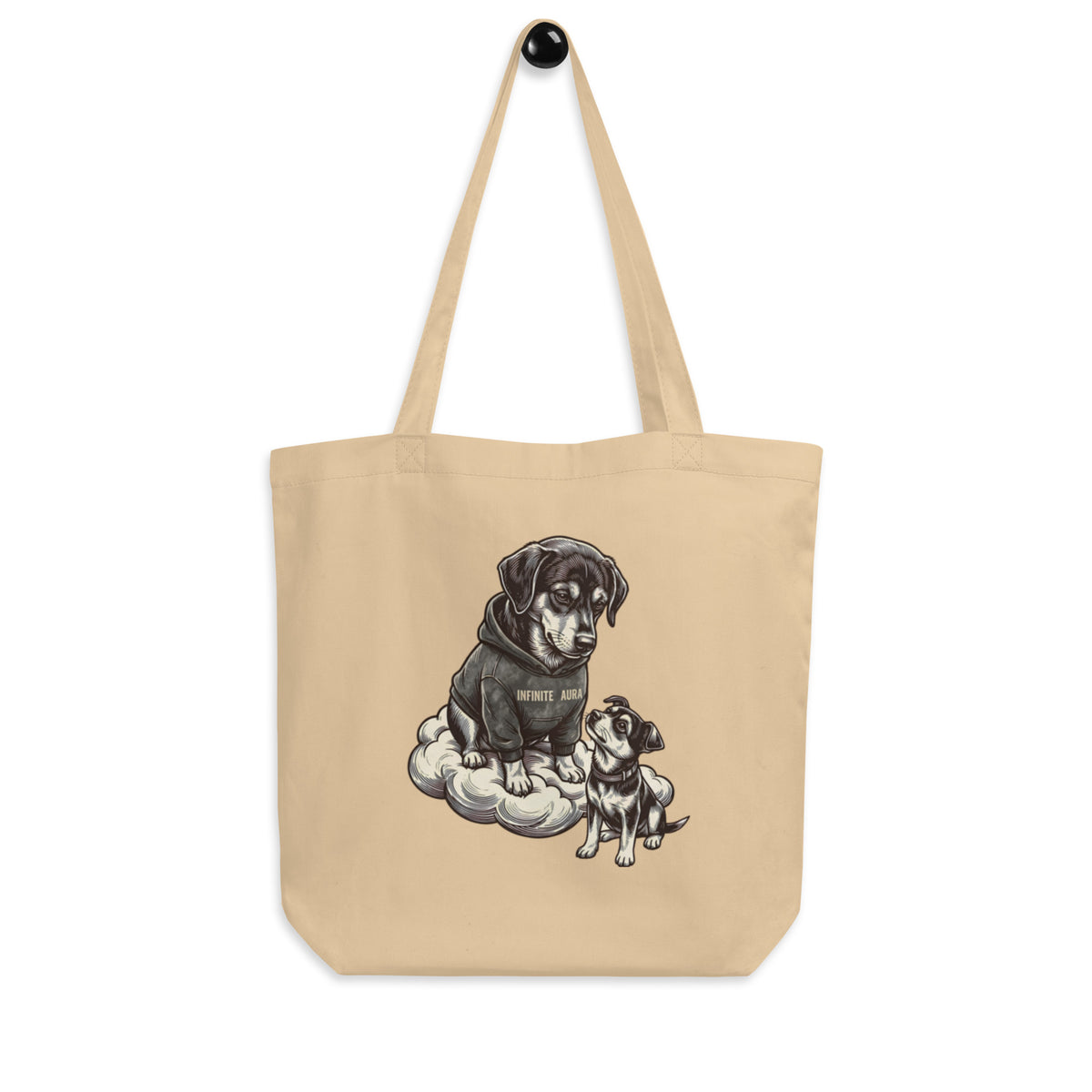 Oyster 'eternal aura' canvas tote bag on a hook, big dog in an infinite aura hoodie on a cloud with a small dog, cozy bluesky
