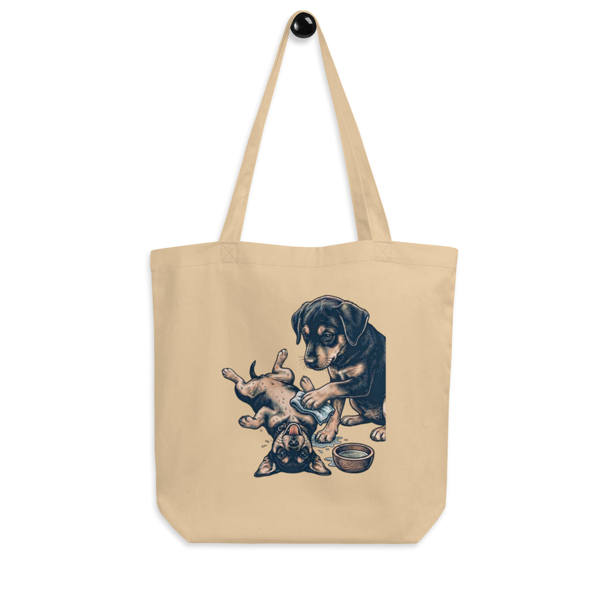 Oyster 'splish splash' organic canvas tote bag hanging on a hook, big dog washing a small dog, cozy bluesky