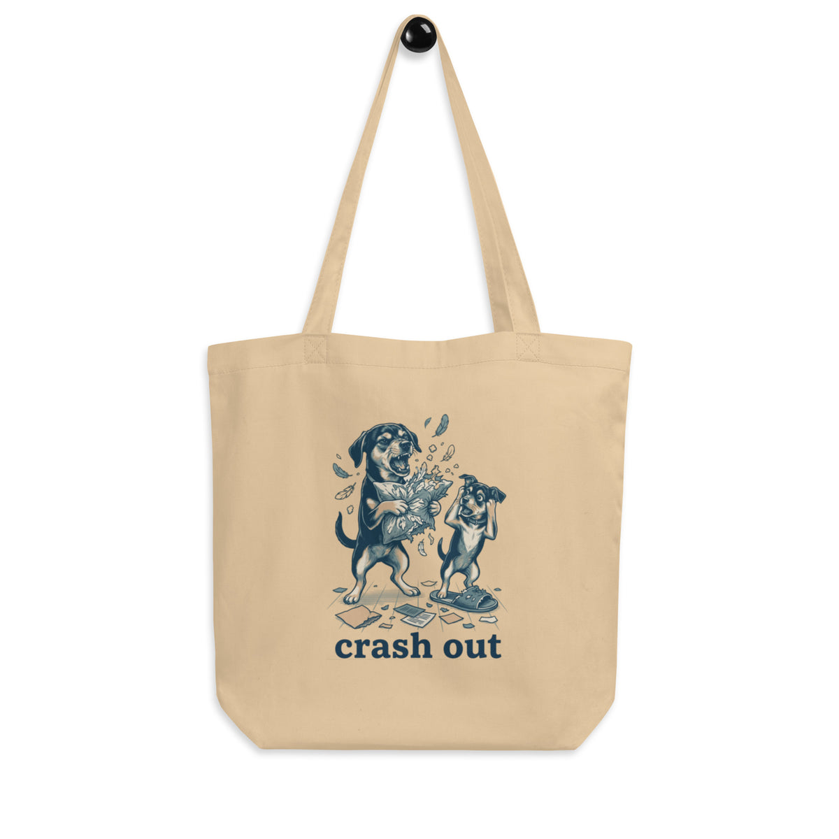 Oyster 'crash out' canvas tote bag hanging on a hook, dogs going crazy, tearing papers, one covering its eyes, cozy bluesky