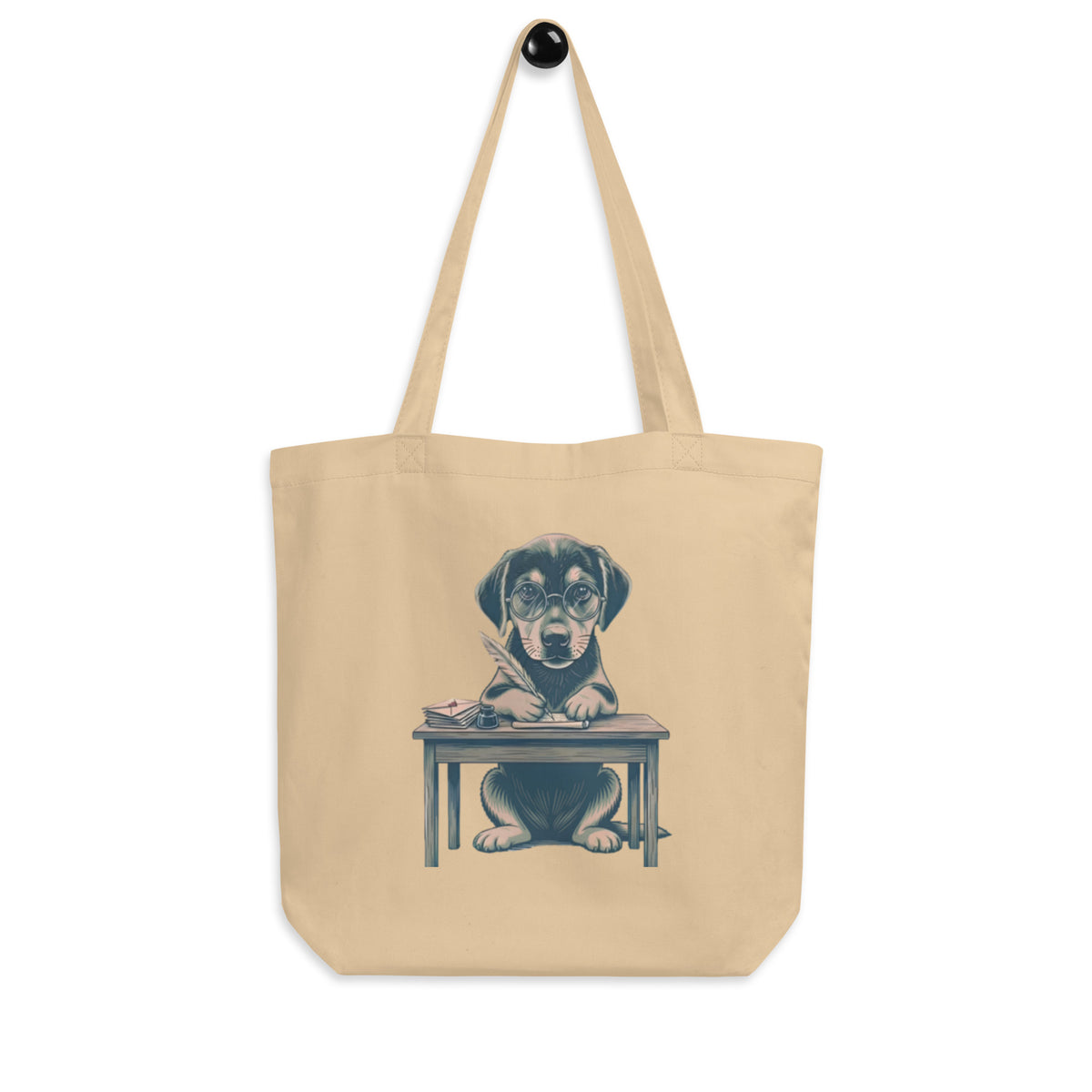 Oyster 'dear diary' organic canvas tote bag hanging on a hook, puppy in glasses writing in a diary, cozy bluesky
