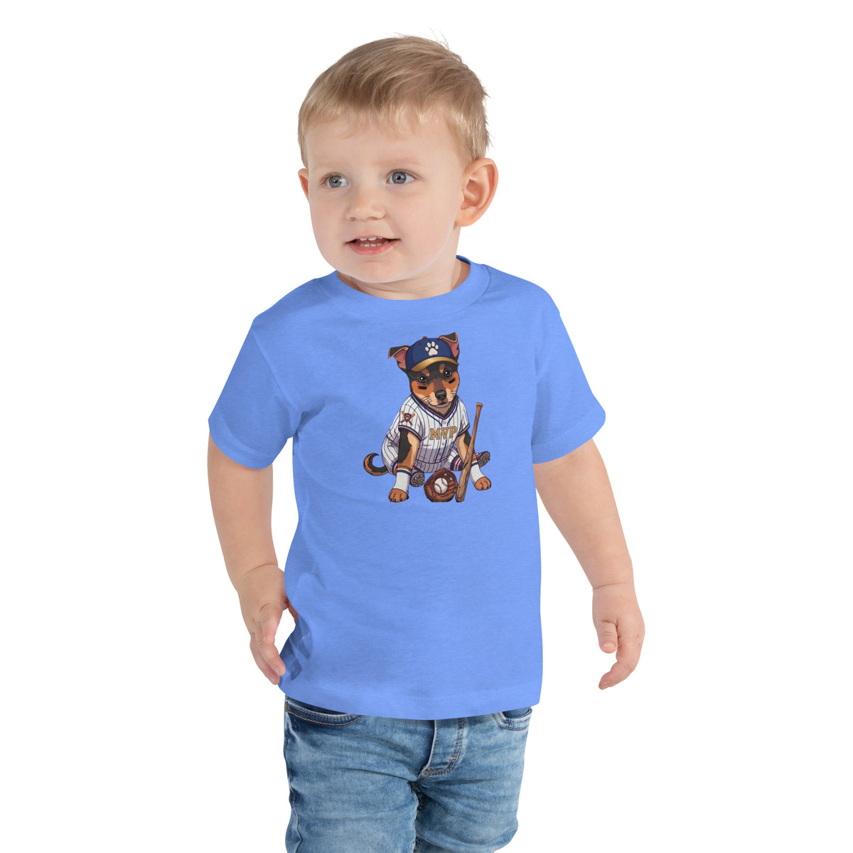 Toddler boy wearing a heather columbia blue 'baseball MVP' toddler t-shirt, dog in a baseball uniform with a bat